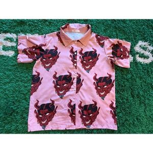 Romwe Devil Print Button Up Shirt Womens Small Pink Good Short Sleeve‎ Graphic